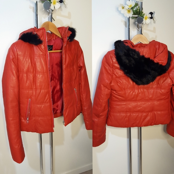 NEW SAMMI❤Red-Black Fur Hooded Faux Leather Bomber Short Winter Jacket - Picture 4 of 14